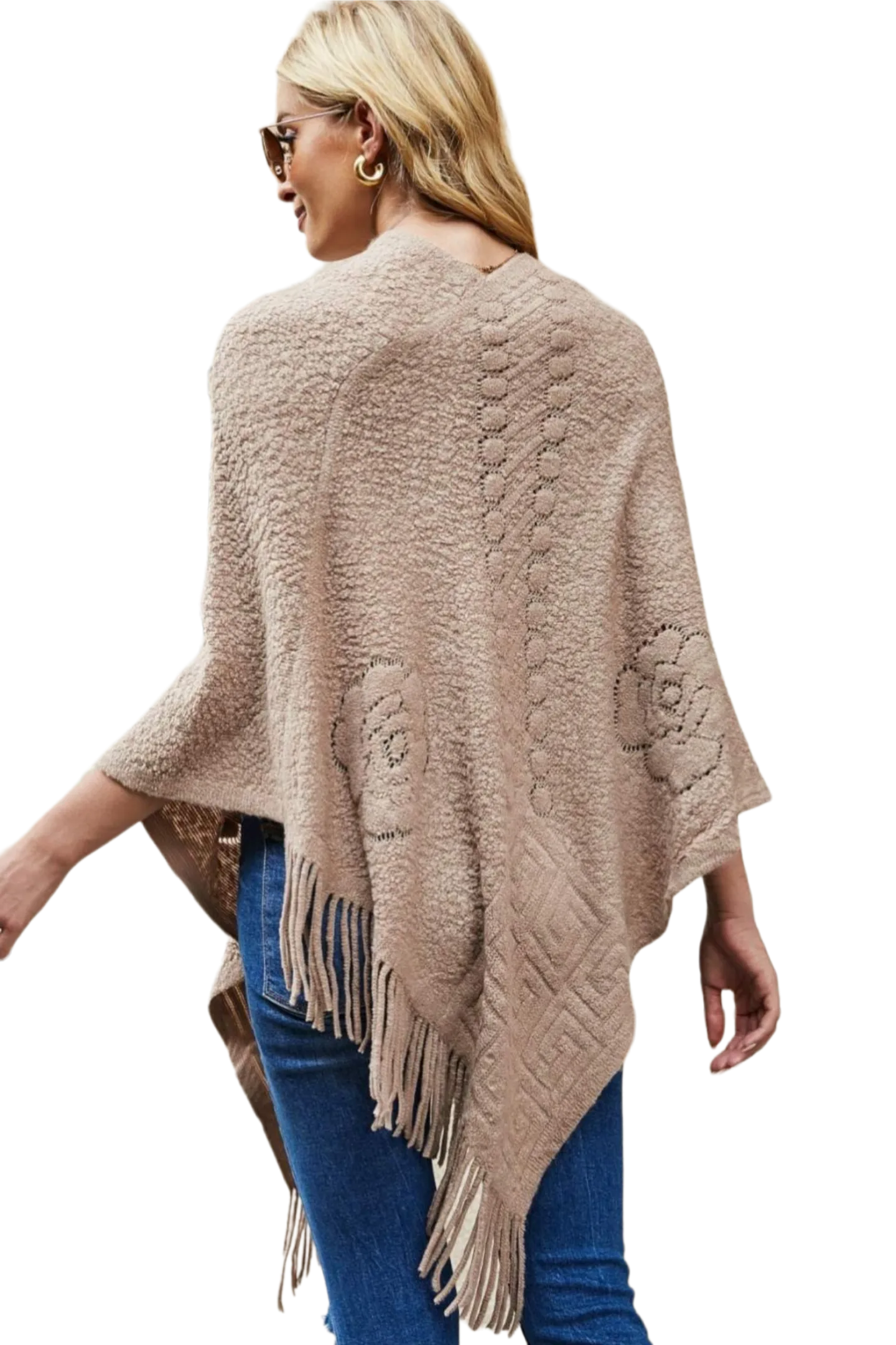 Pearl Trim Fringe Hem Poncho