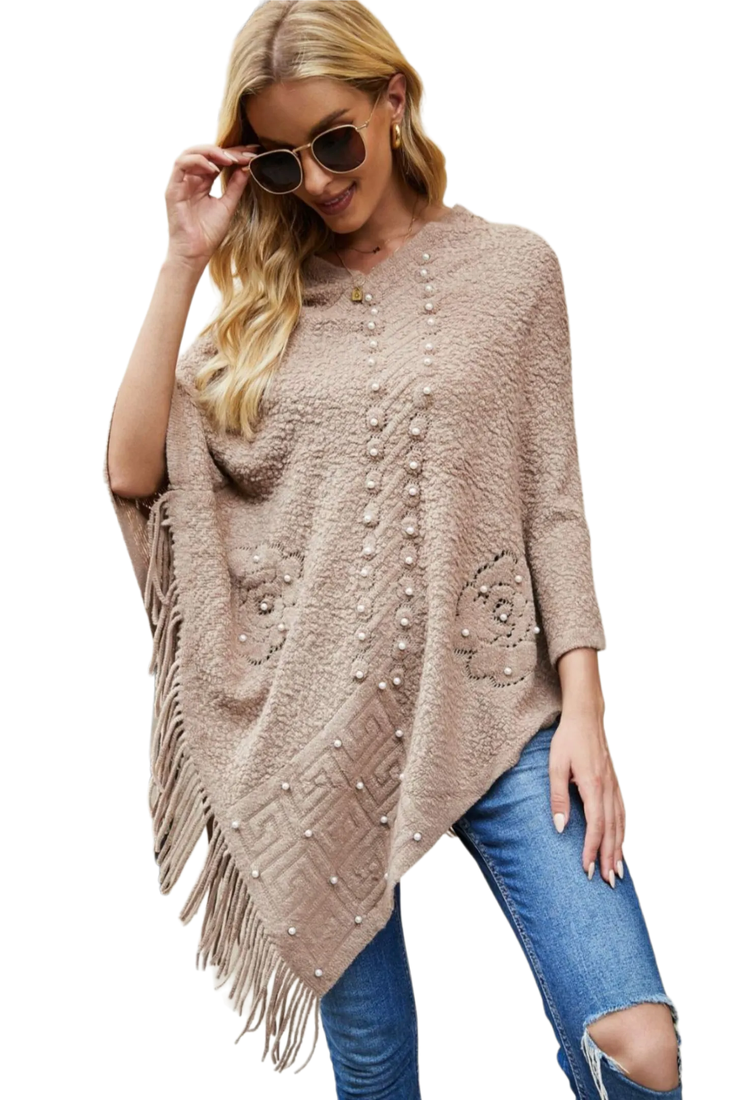 Pearl Trim Fringe Hem Poncho