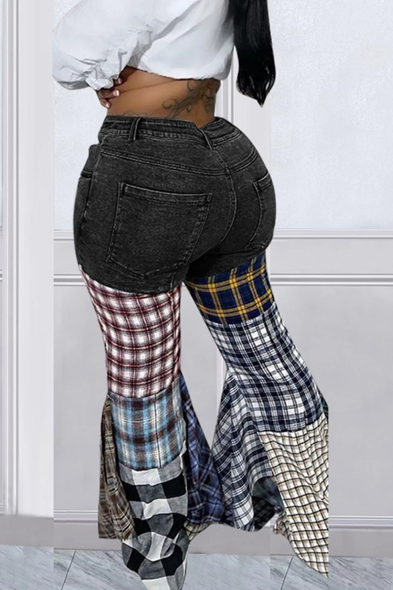 Plaid Patchwork Mid-waisted Flares Jeans