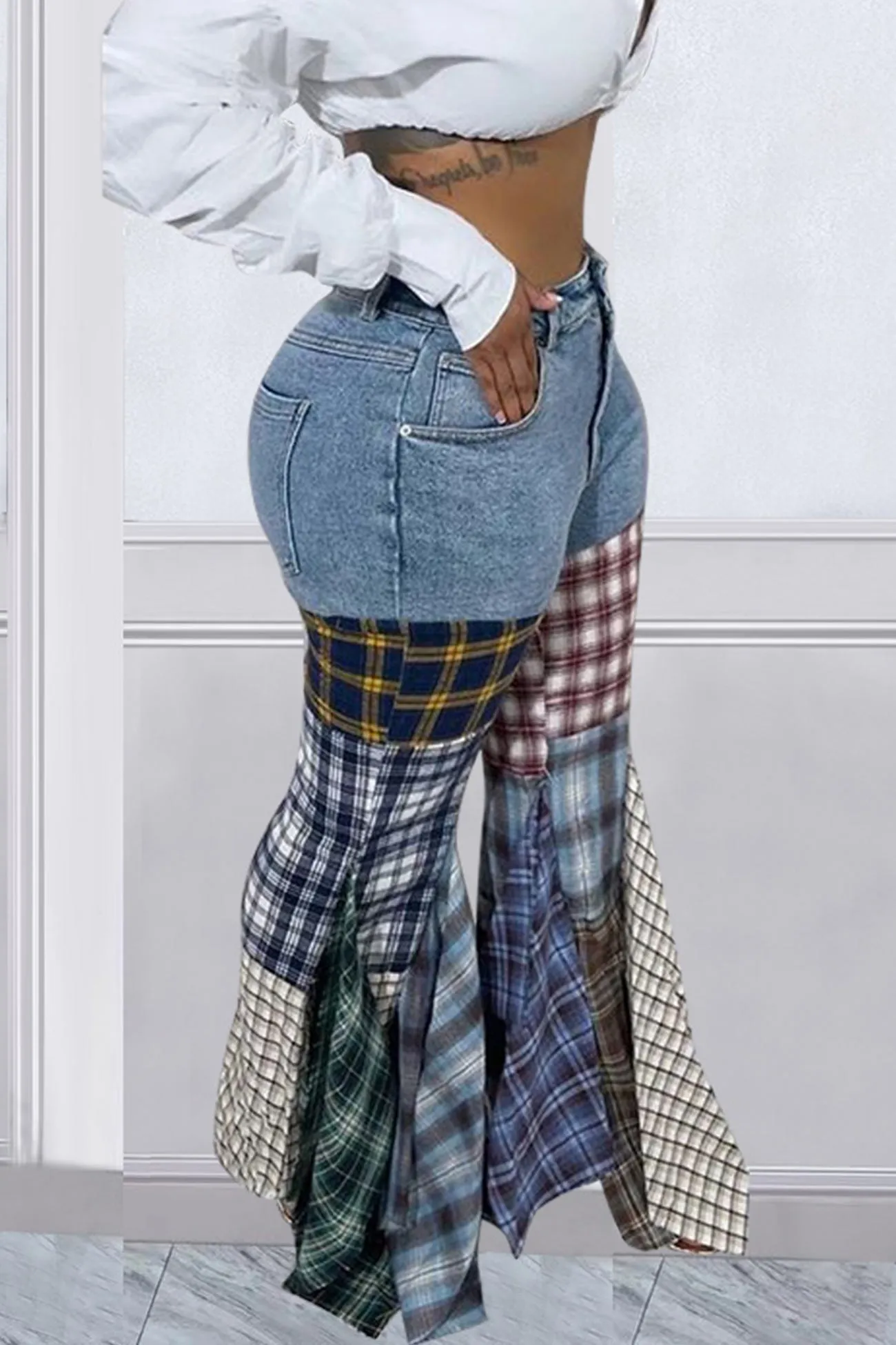 Plaid Patchwork Mid-waisted Flares Jeans