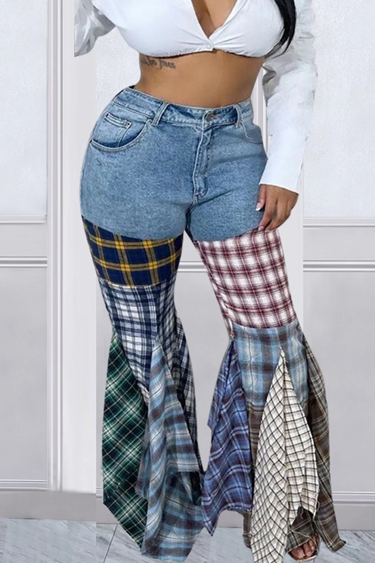 Plaid Patchwork Mid-waisted Flares Jeans