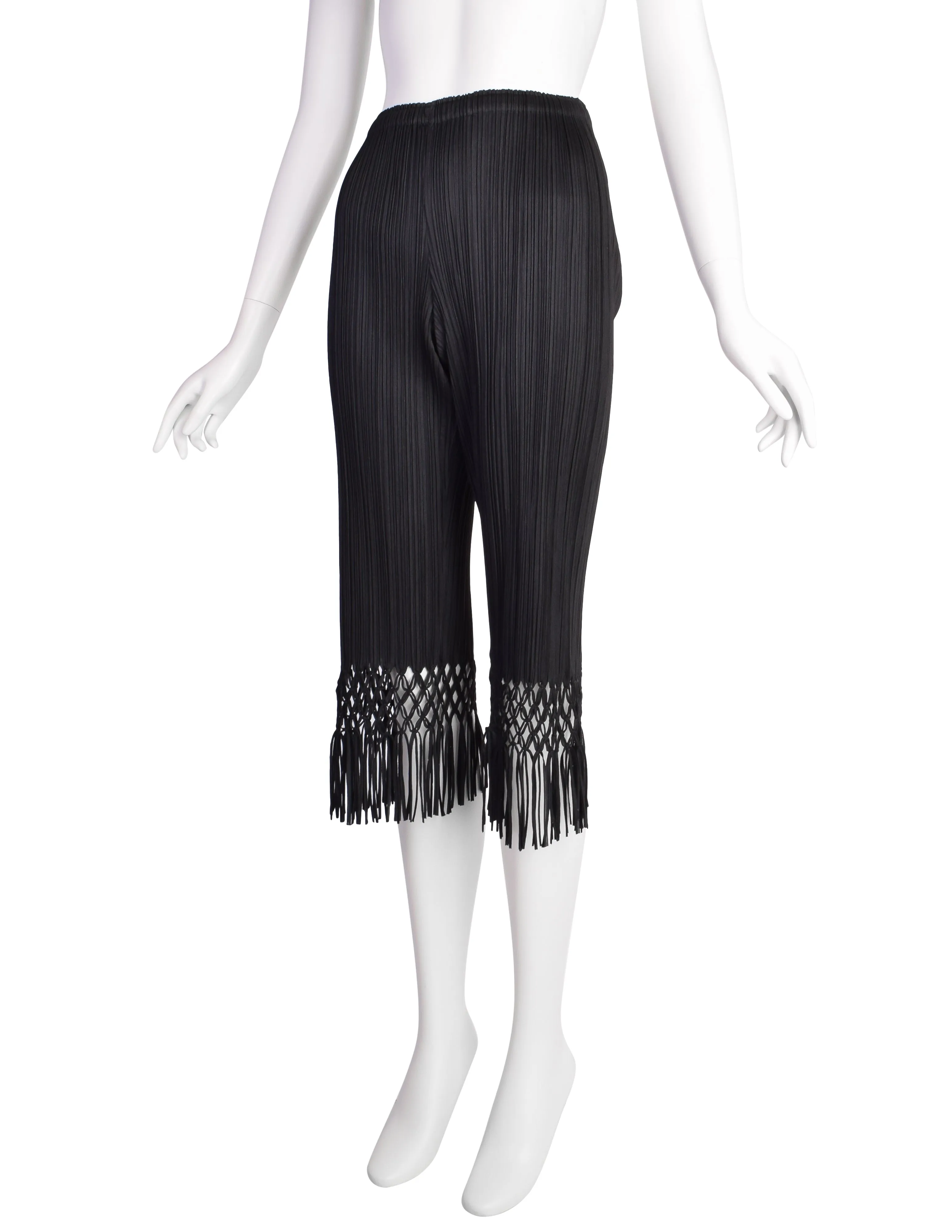 Pleats Please by Issey Miyake Vintage Black Pleated Cropped Macrame Fringe Capri Pants