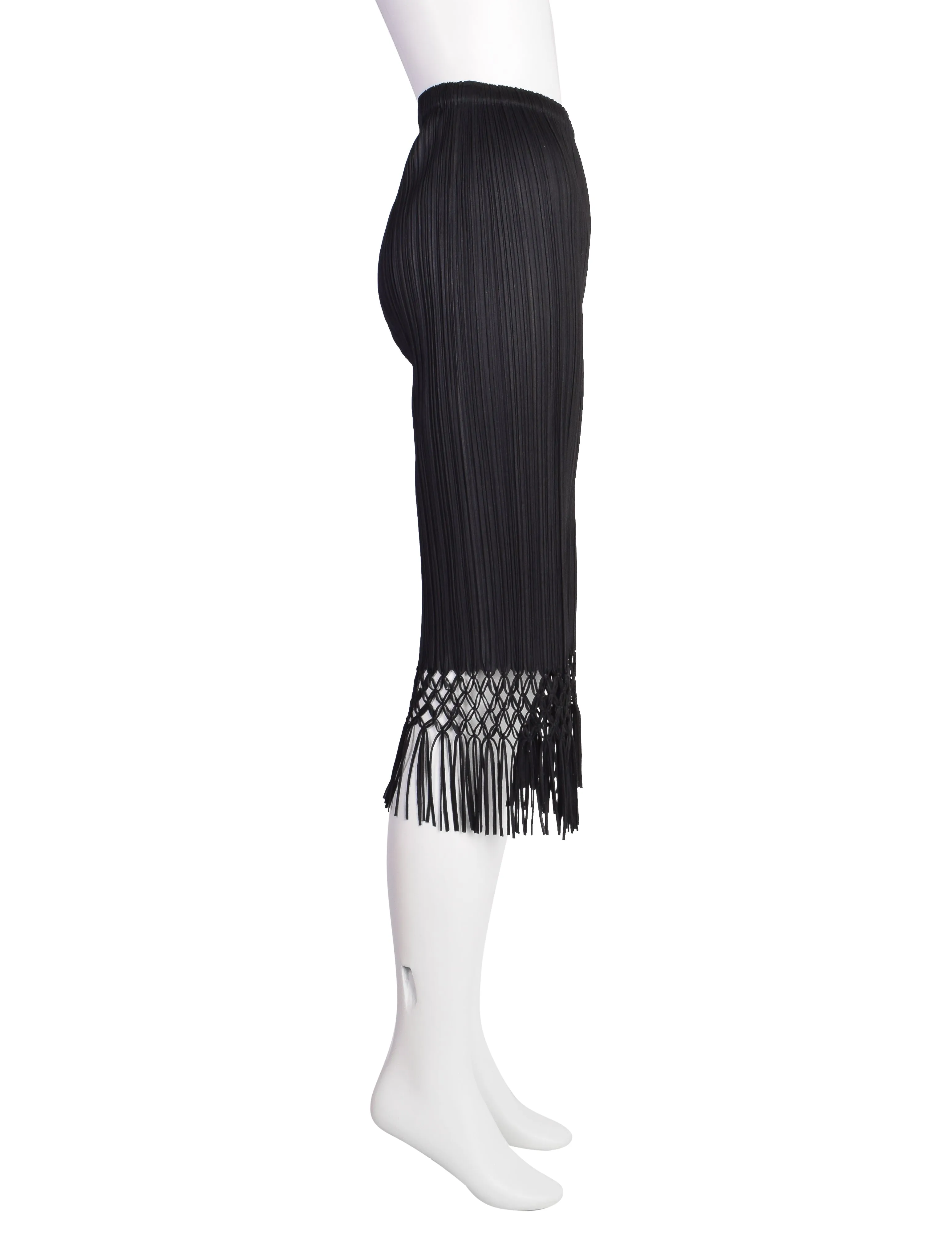 Pleats Please by Issey Miyake Vintage Black Pleated Cropped Macrame Fringe Capri Pants