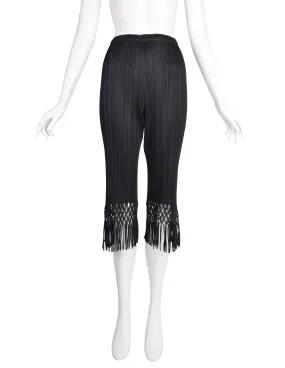 Pleats Please by Issey Miyake Vintage Black Pleated Cropped Macrame Fringe Capri Pants