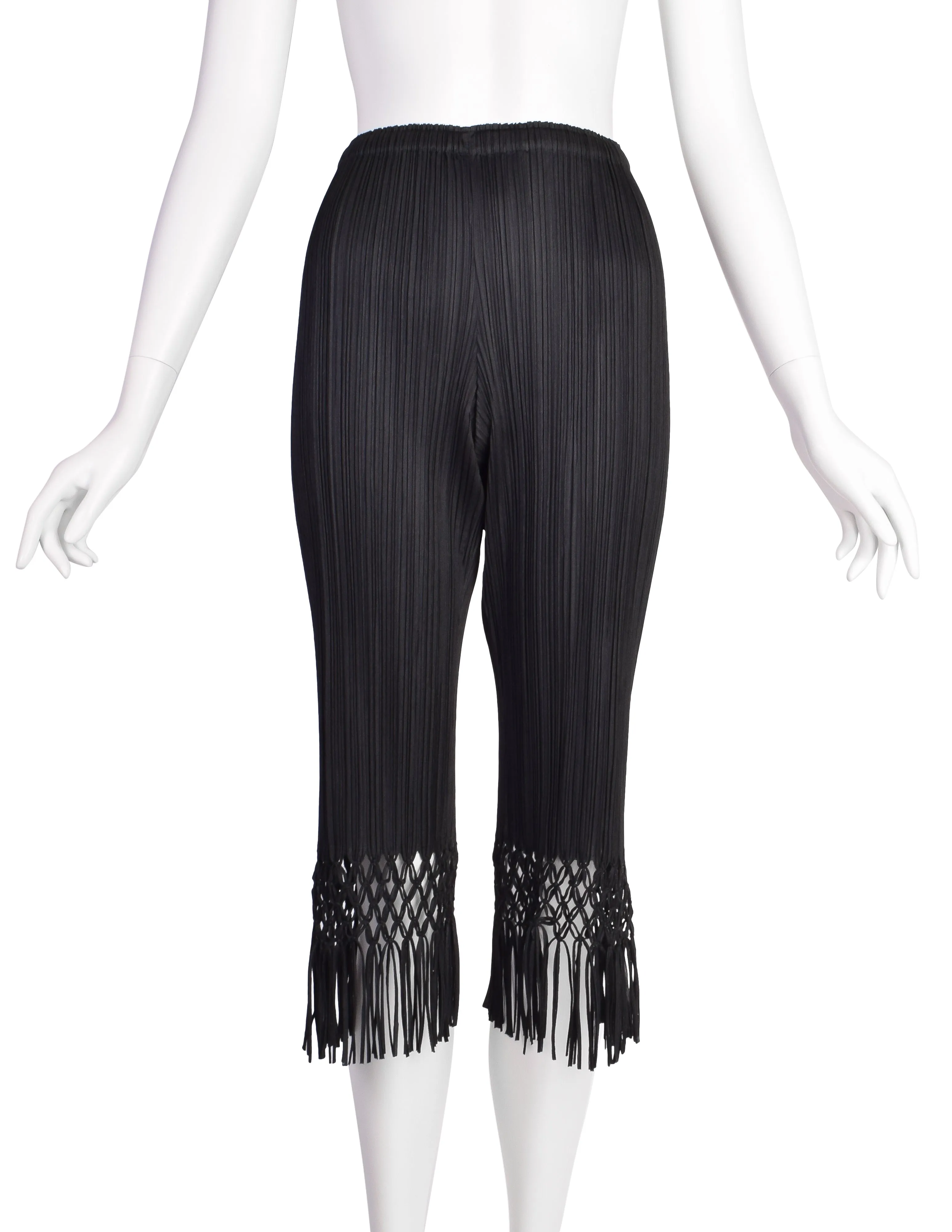 Pleats Please by Issey Miyake Vintage Black Pleated Cropped Macrame Fringe Capri Pants