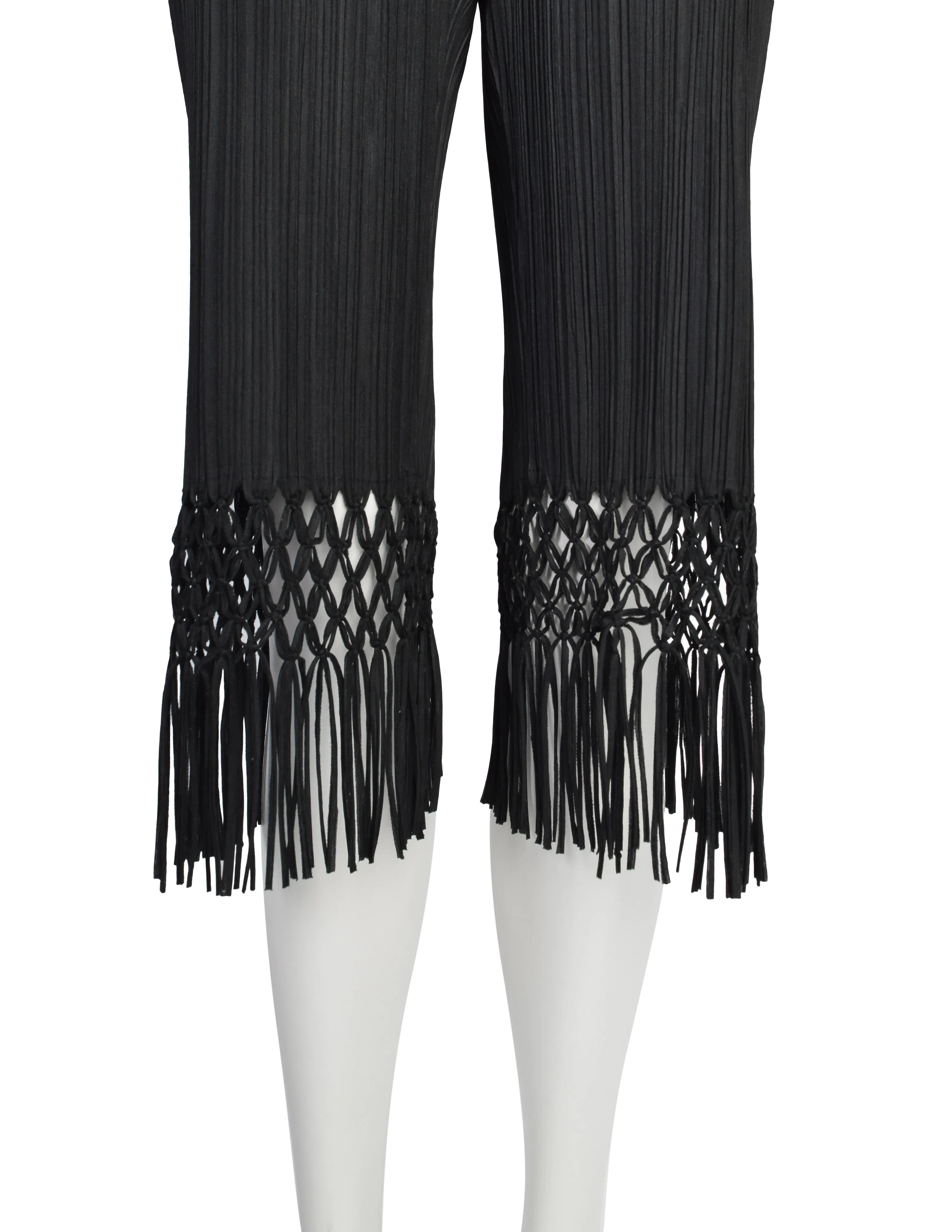 Pleats Please by Issey Miyake Vintage Black Pleated Cropped Macrame Fringe Capri Pants