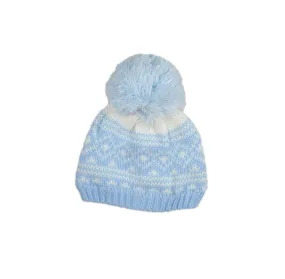 Pom Pom Beanie Hat Fairisle Pattern Blue (6-18mths)