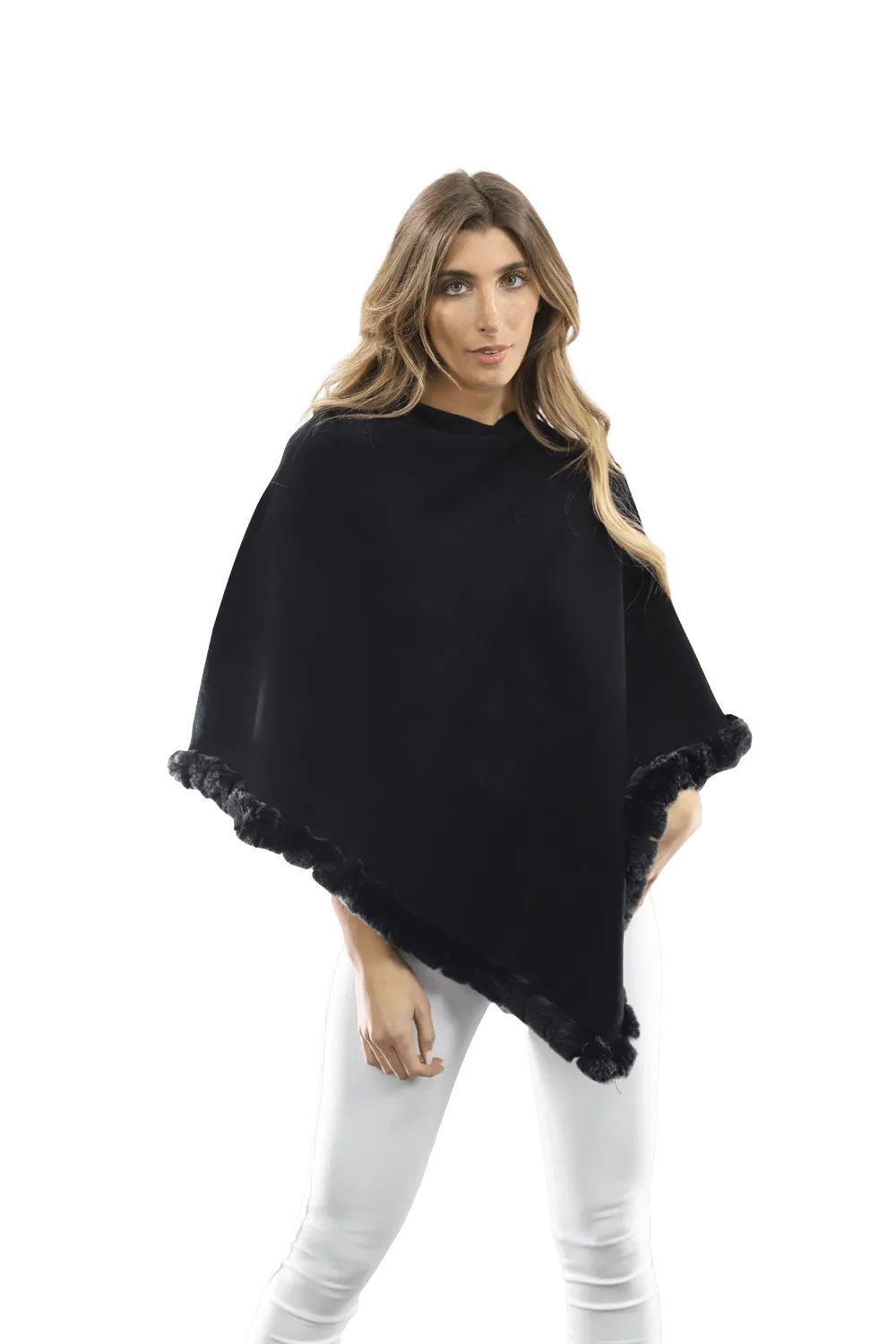 Poncho with Rex Rabbit Trim- Black