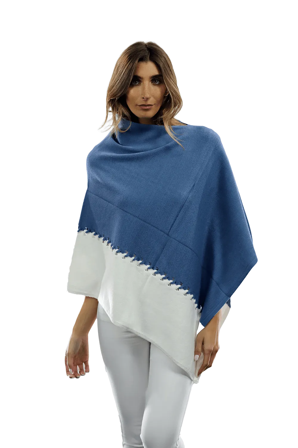 Poncho with Two Tone Detail - Denim Blue/White