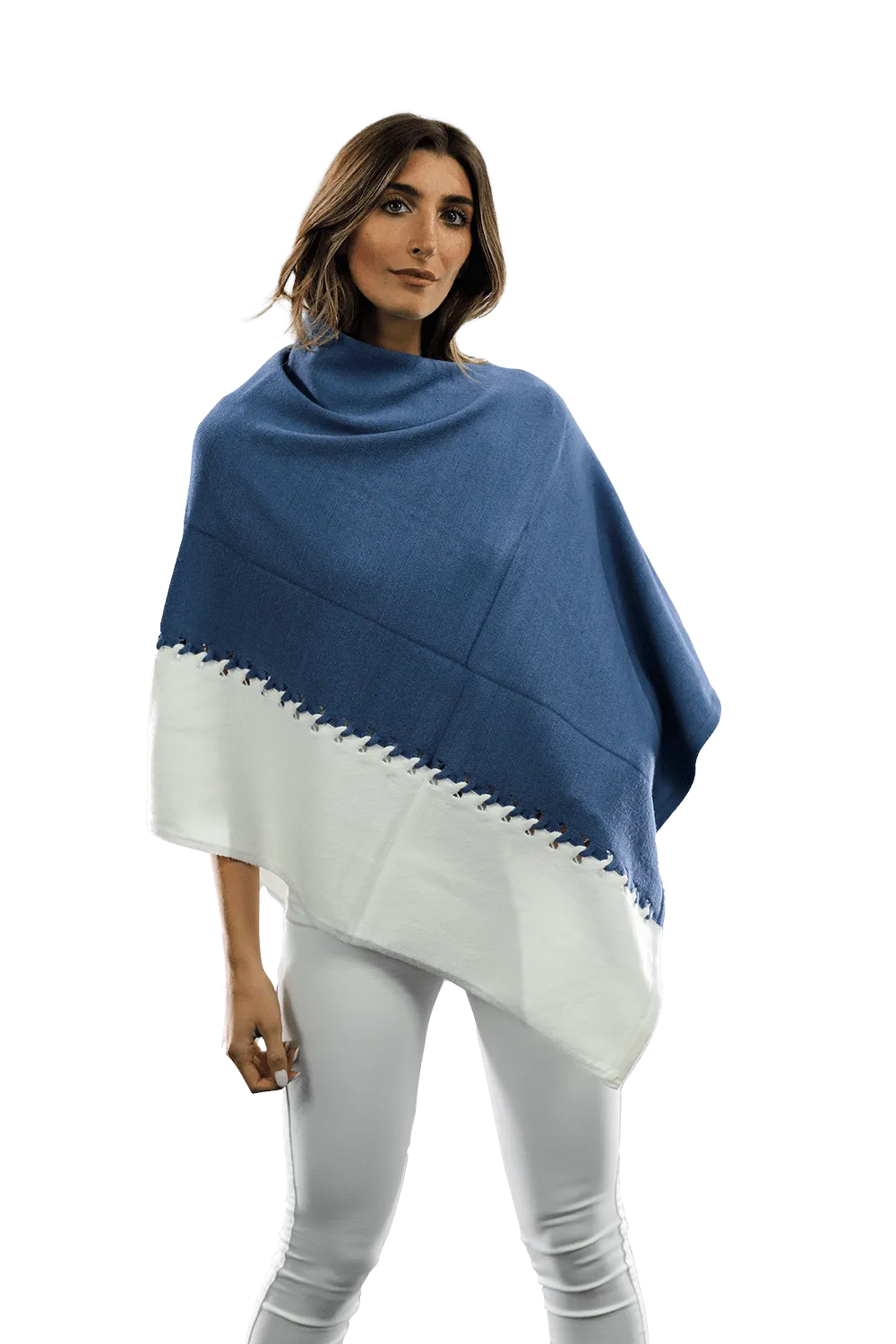 Poncho with Two Tone Detail - Denim Blue/White