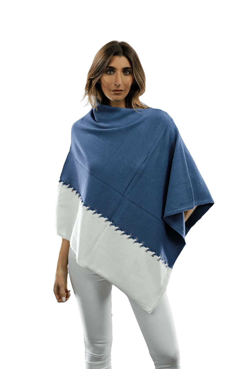 Poncho with Two Tone Detail - Denim Blue/White