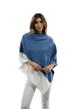 Poncho with Two Tone Detail - Denim Blue/White