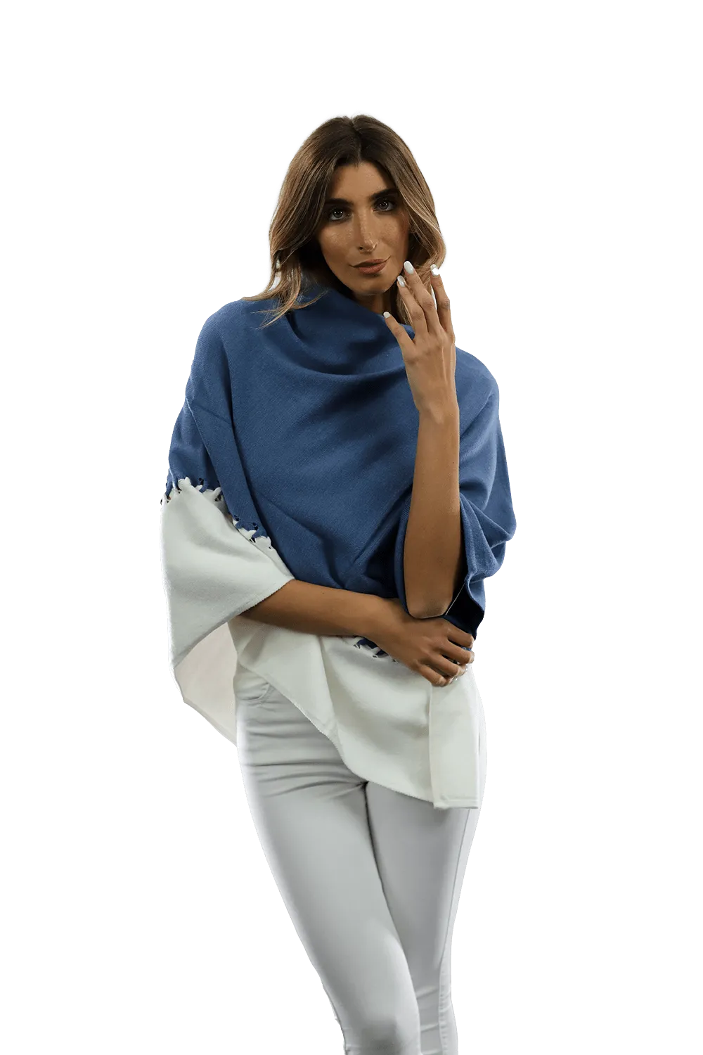 Poncho with Two Tone Detail - Denim Blue/White