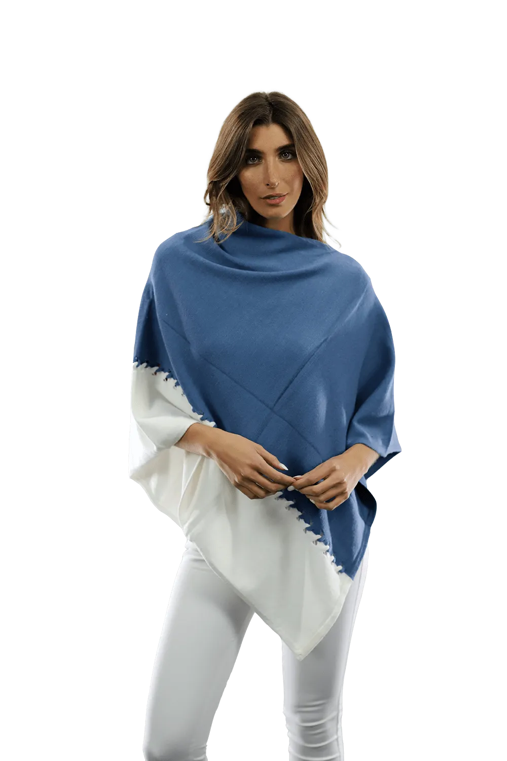 Poncho with Two Tone Detail - Denim Blue/White