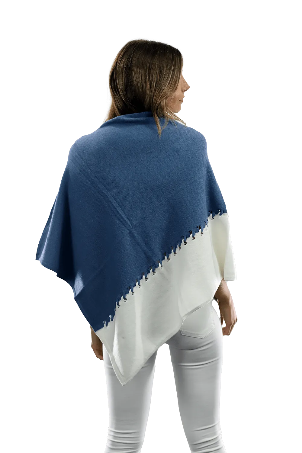 Poncho with Two Tone Detail - Denim Blue/White