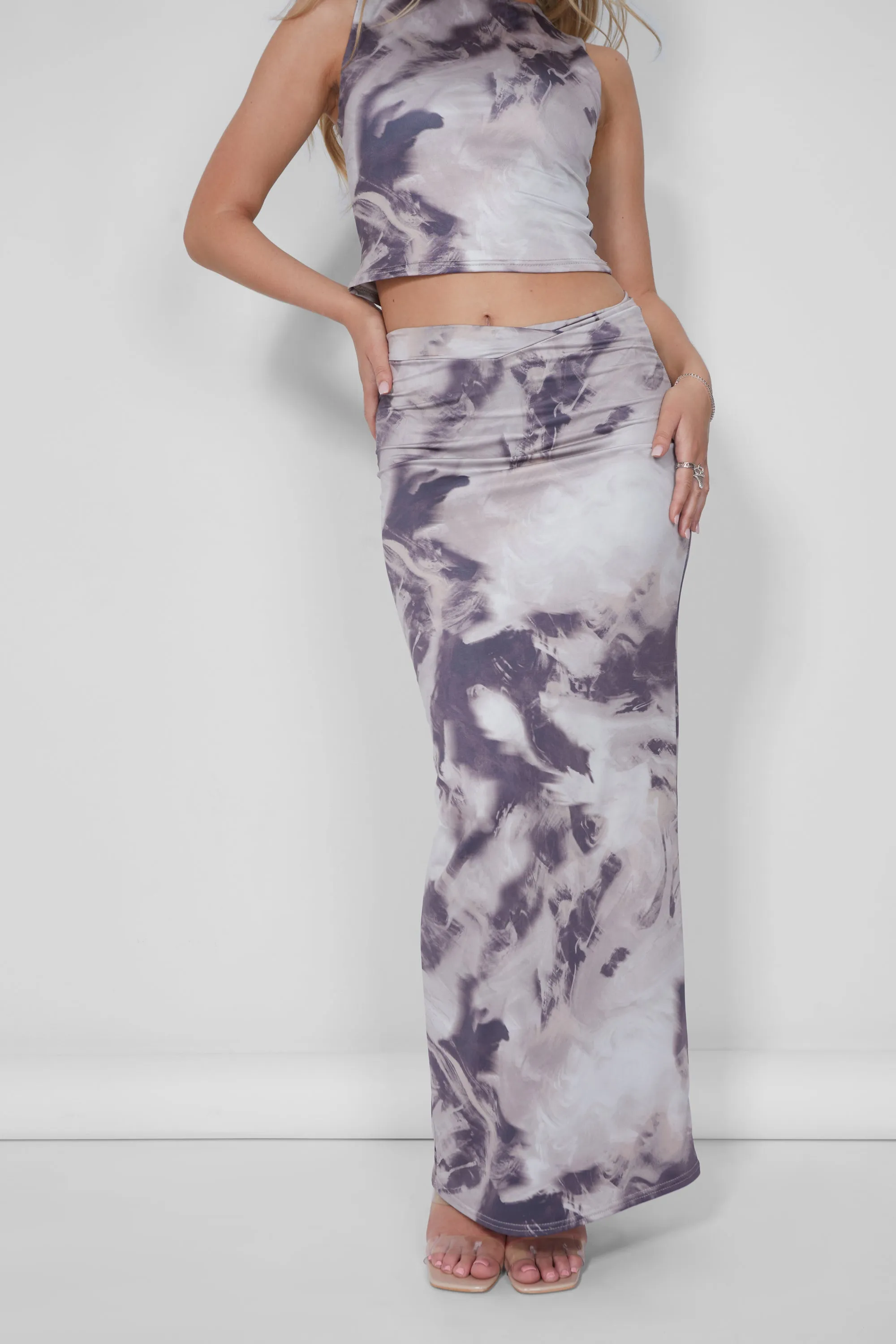 Public Desire V Front Maxi Skirt Co-ord in Brown Print