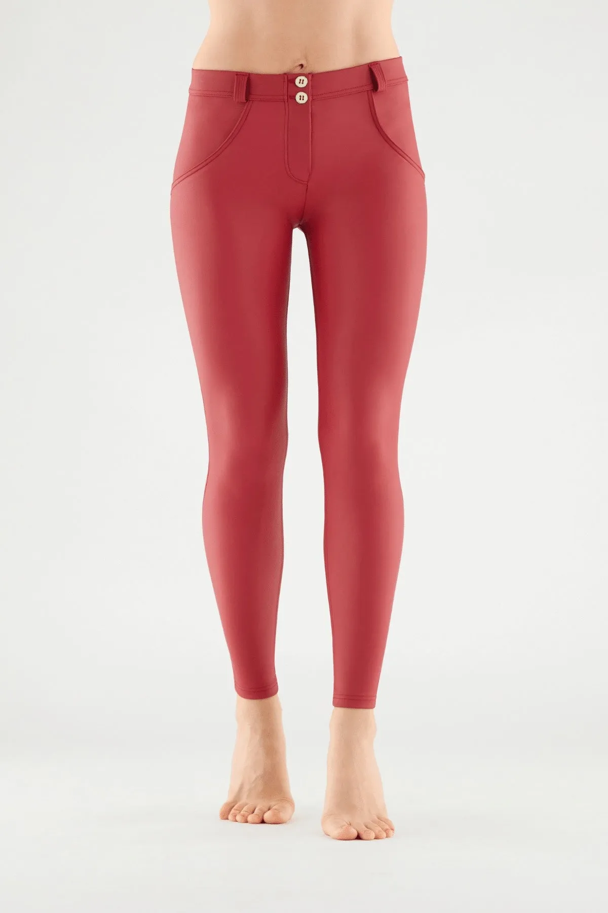 Red Faux Leather Mid-Rise Ankle-Length Pants