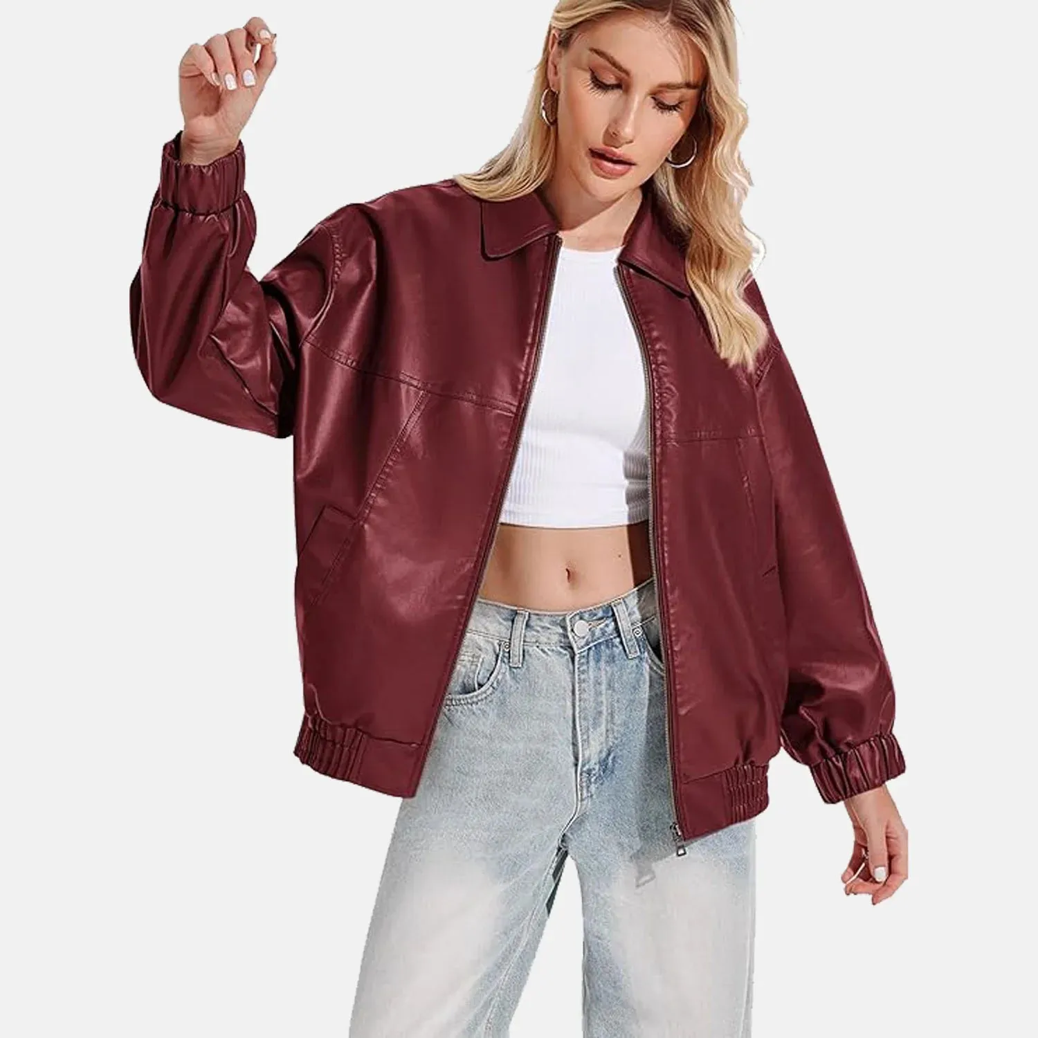 Reida Maroon Leather Bomber Jacket for Women | Order Now