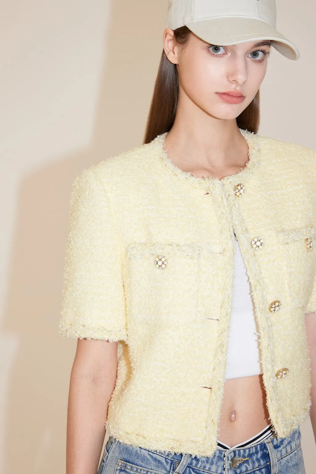 Round Neck Cropped Woolen Jacket