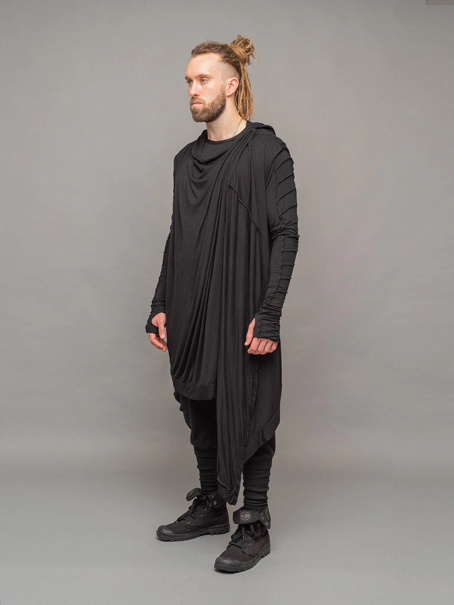 Shadow Men's Long Sleeveless Cardigan with Hood - Black