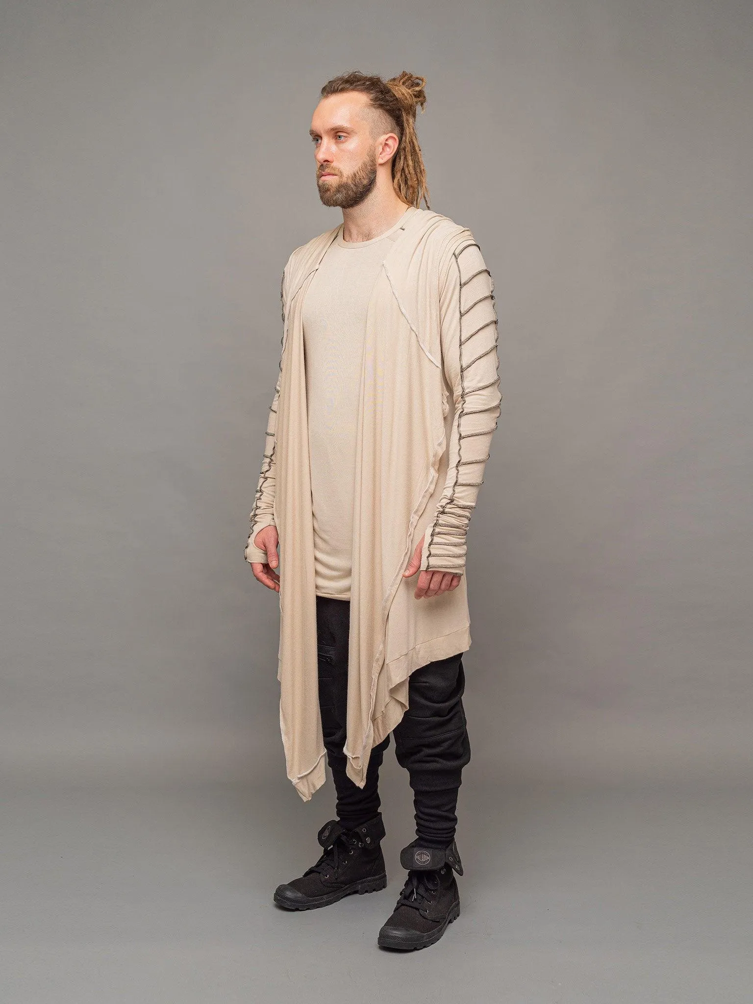 Shadow Men's Long Sleeveless Cardigan with Hood - Sand