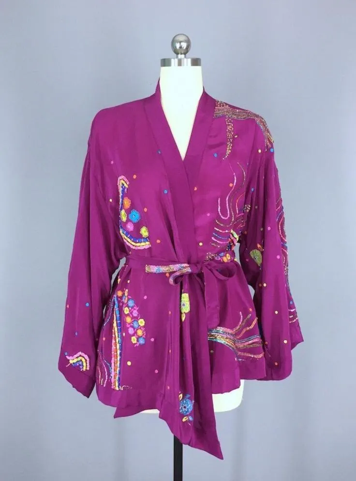 Silk Kimono Jacket / Vintage Indian Sari / Purple Embroidered Kimono