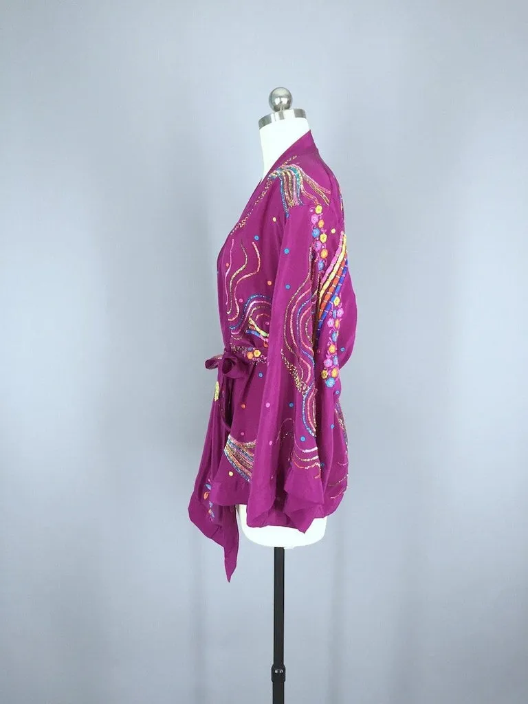 Silk Kimono Jacket / Vintage Indian Sari / Purple Embroidered Kimono