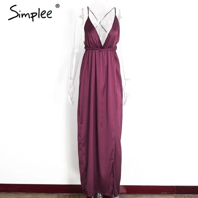 Simplee Slip satin backless sexy long dress Women pajamas summer dress evening Party elegant black maxi dresses vestidos