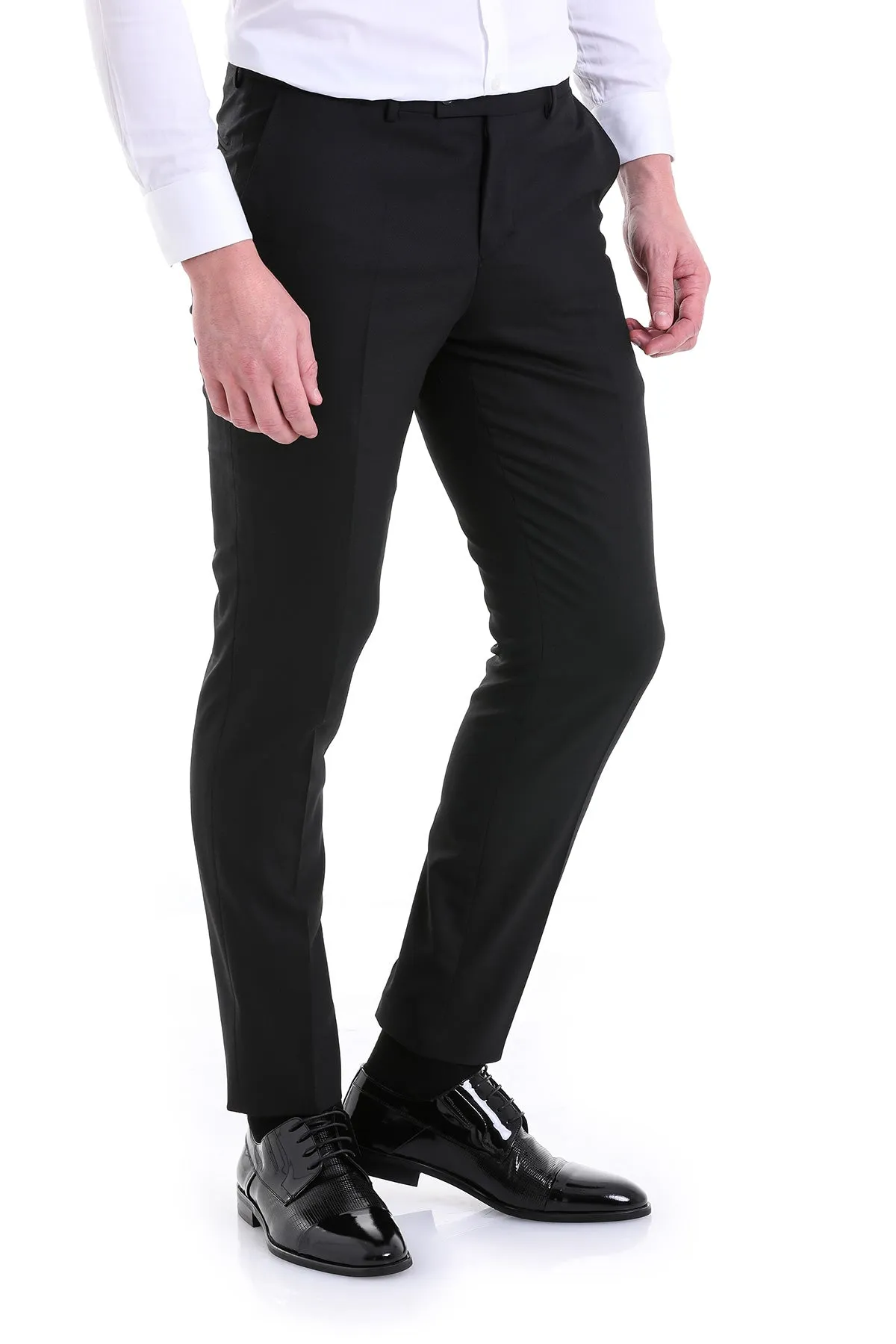 Slim Fit Black Side Pocket Low Waist Wool Dress Pants