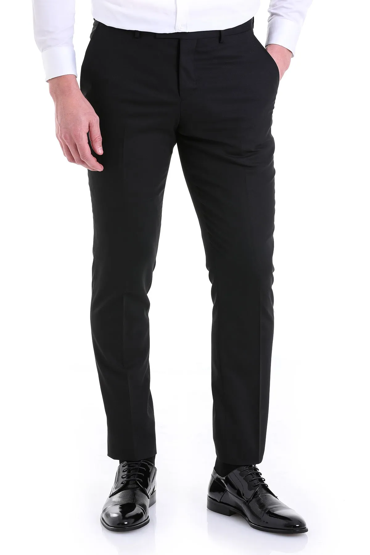 Slim Fit Black Side Pocket Low Waist Wool Dress Pants