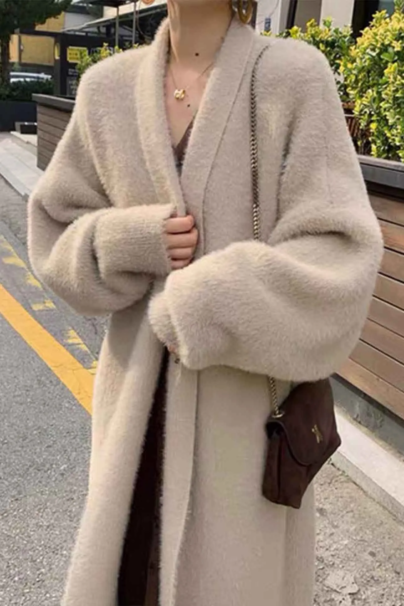 Solid Color Fuzzy Long Cardigan