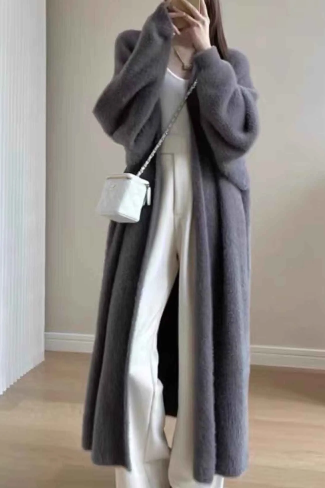 Solid Color Fuzzy Long Cardigan