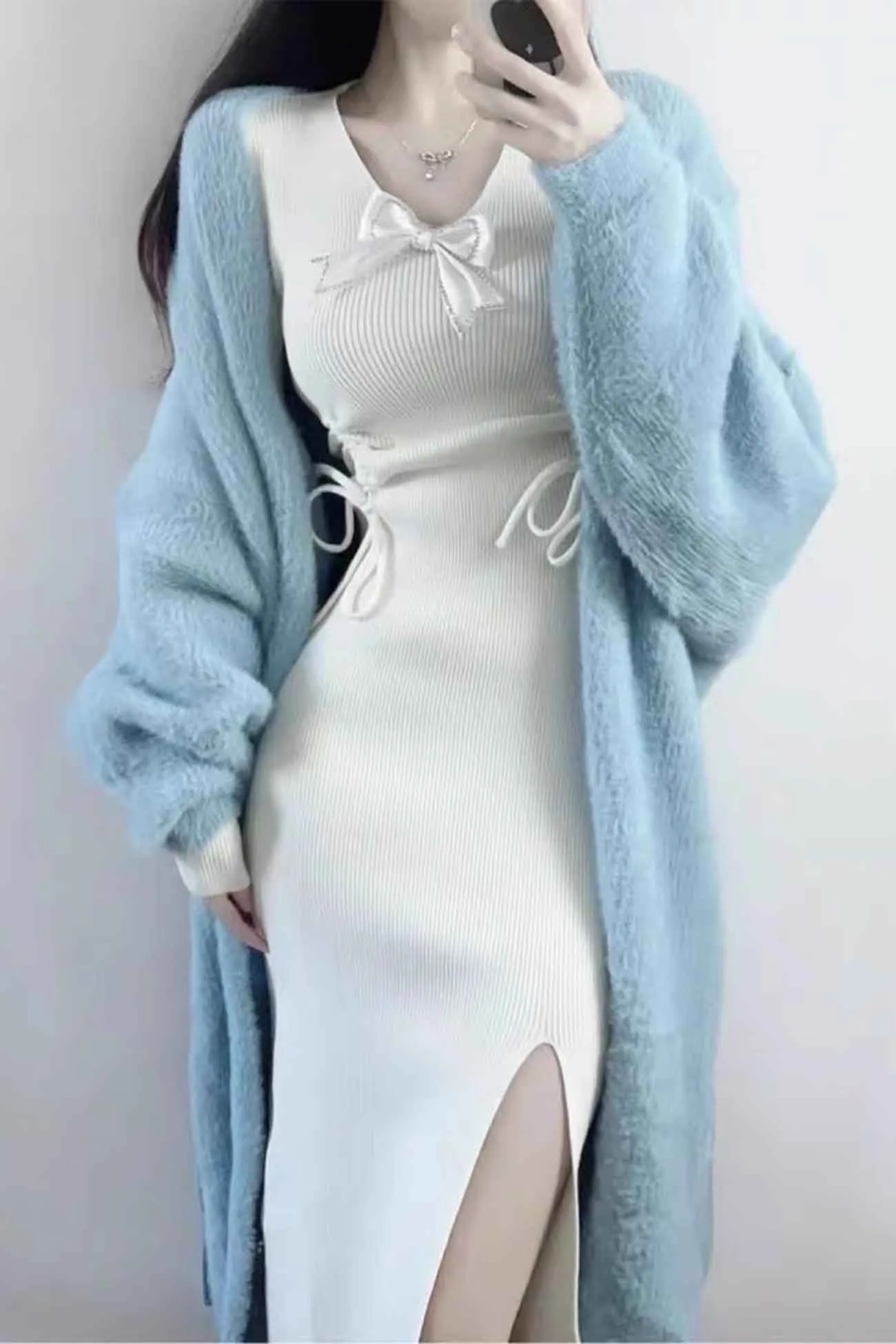 Solid Color Fuzzy Long Cardigan