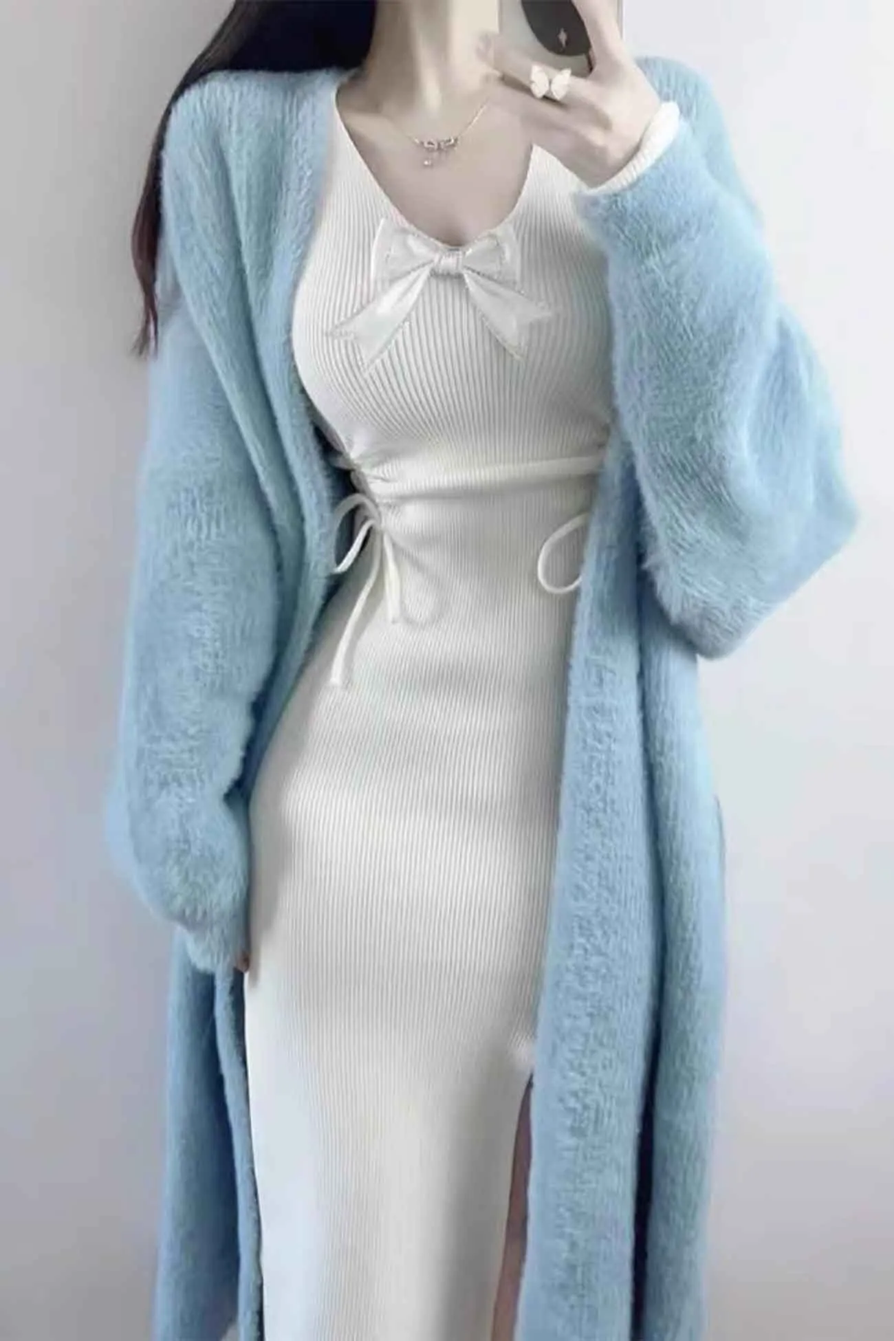 Solid Color Fuzzy Long Cardigan