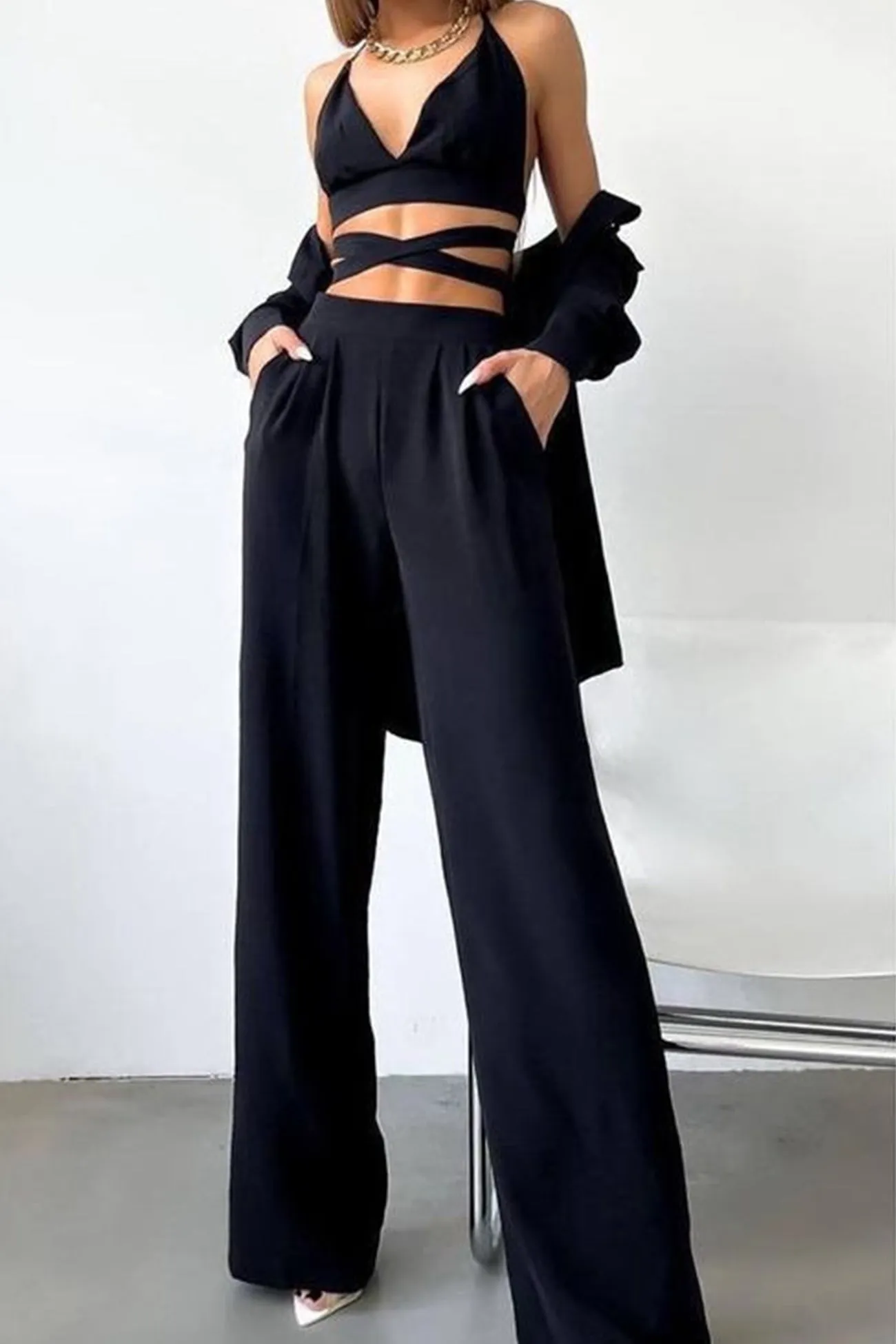 Solid Color Lapel Shirt Tie-up Vest Long Pants Suits