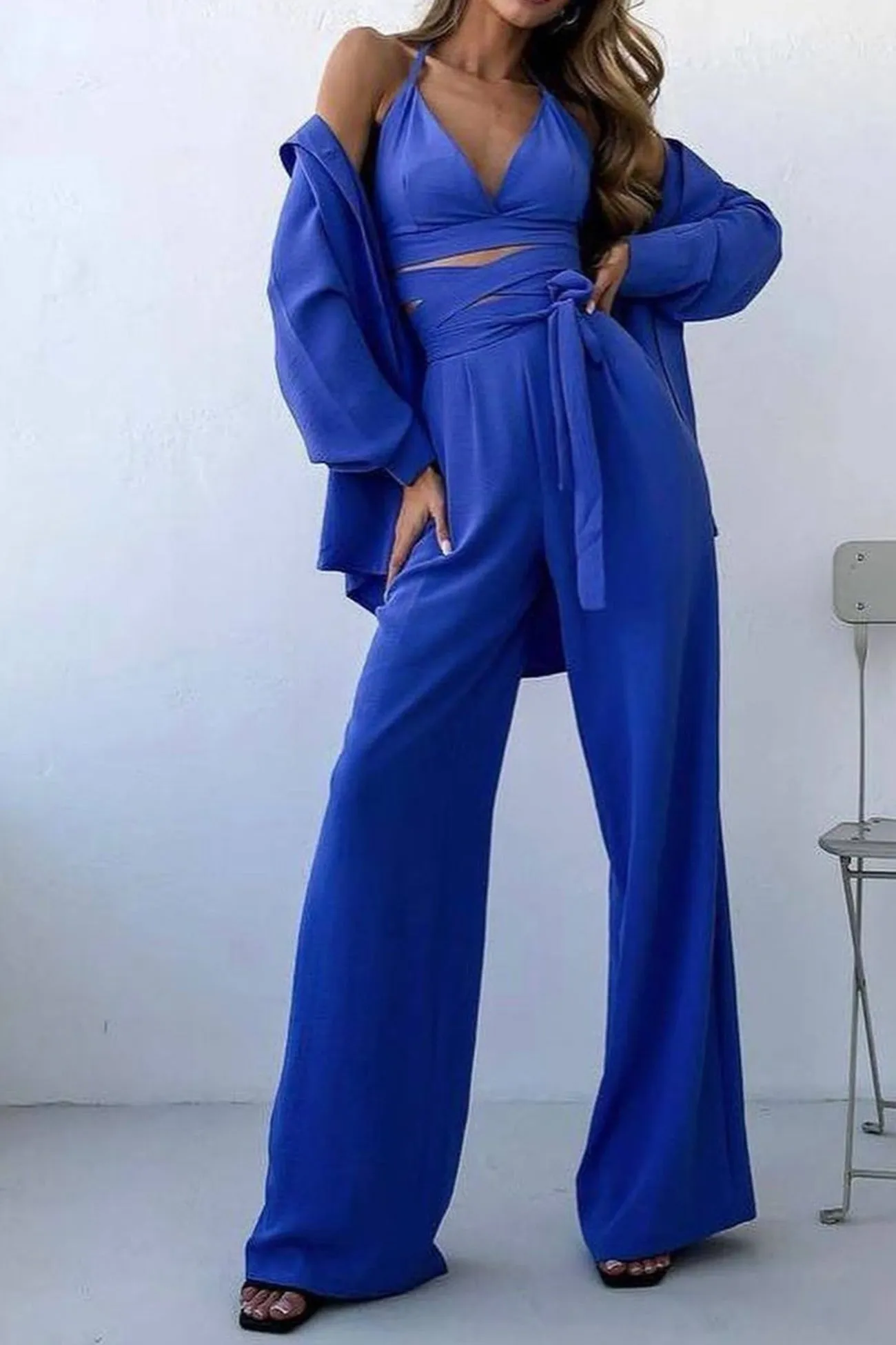 Solid Color Lapel Shirt Tie-up Vest Long Pants Suits