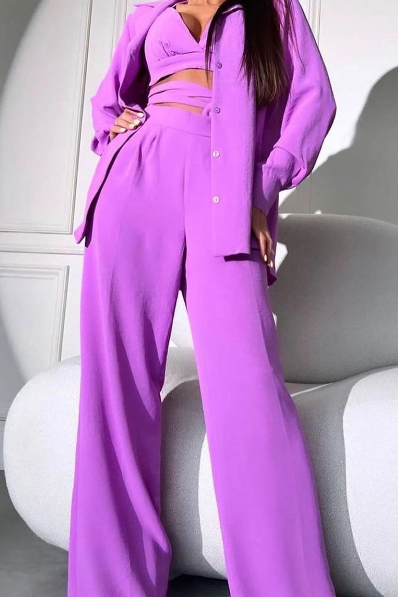 Solid Color Lapel Shirt Tie-up Vest Long Pants Suits