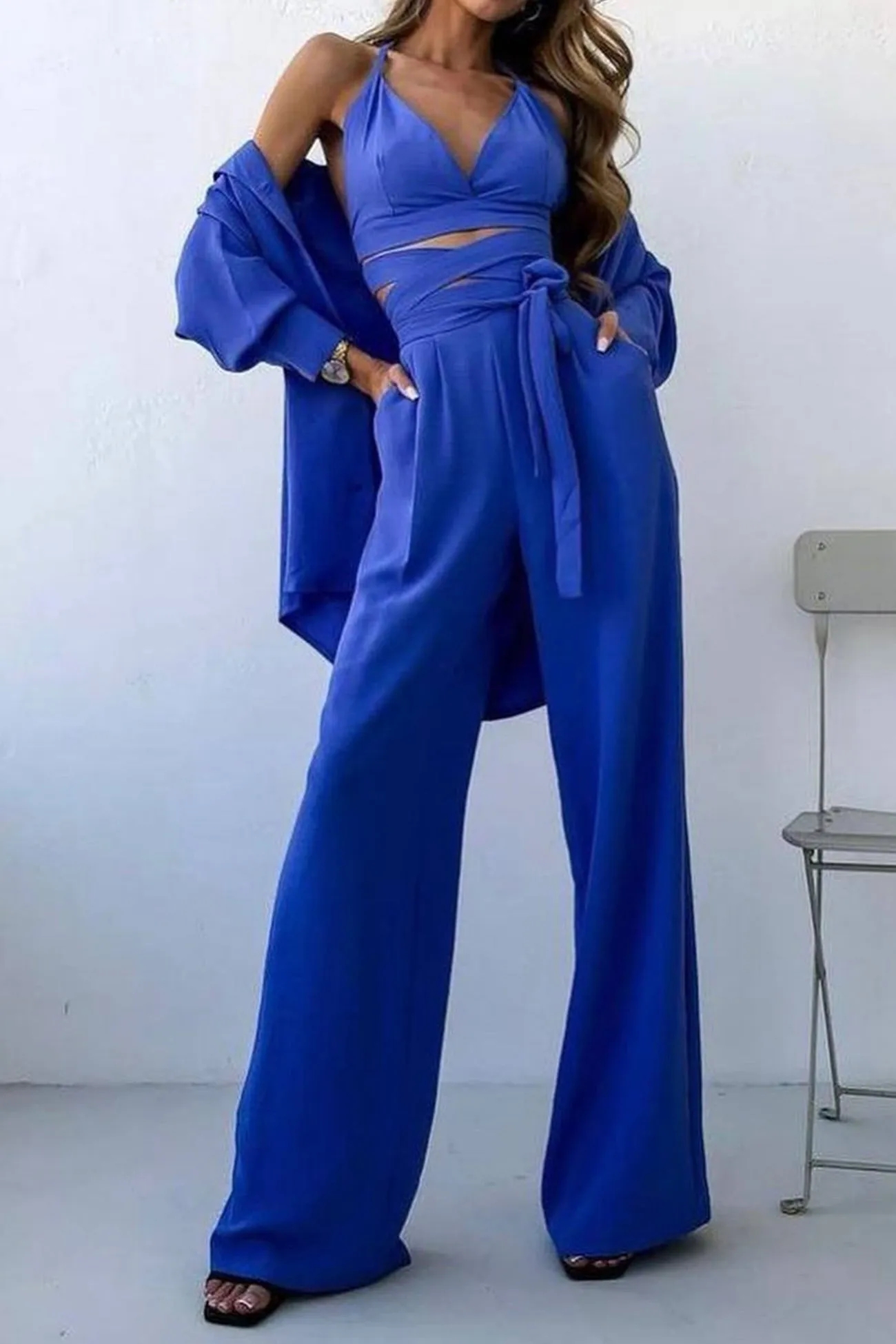 Solid Color Lapel Shirt Tie-up Vest Long Pants Suits