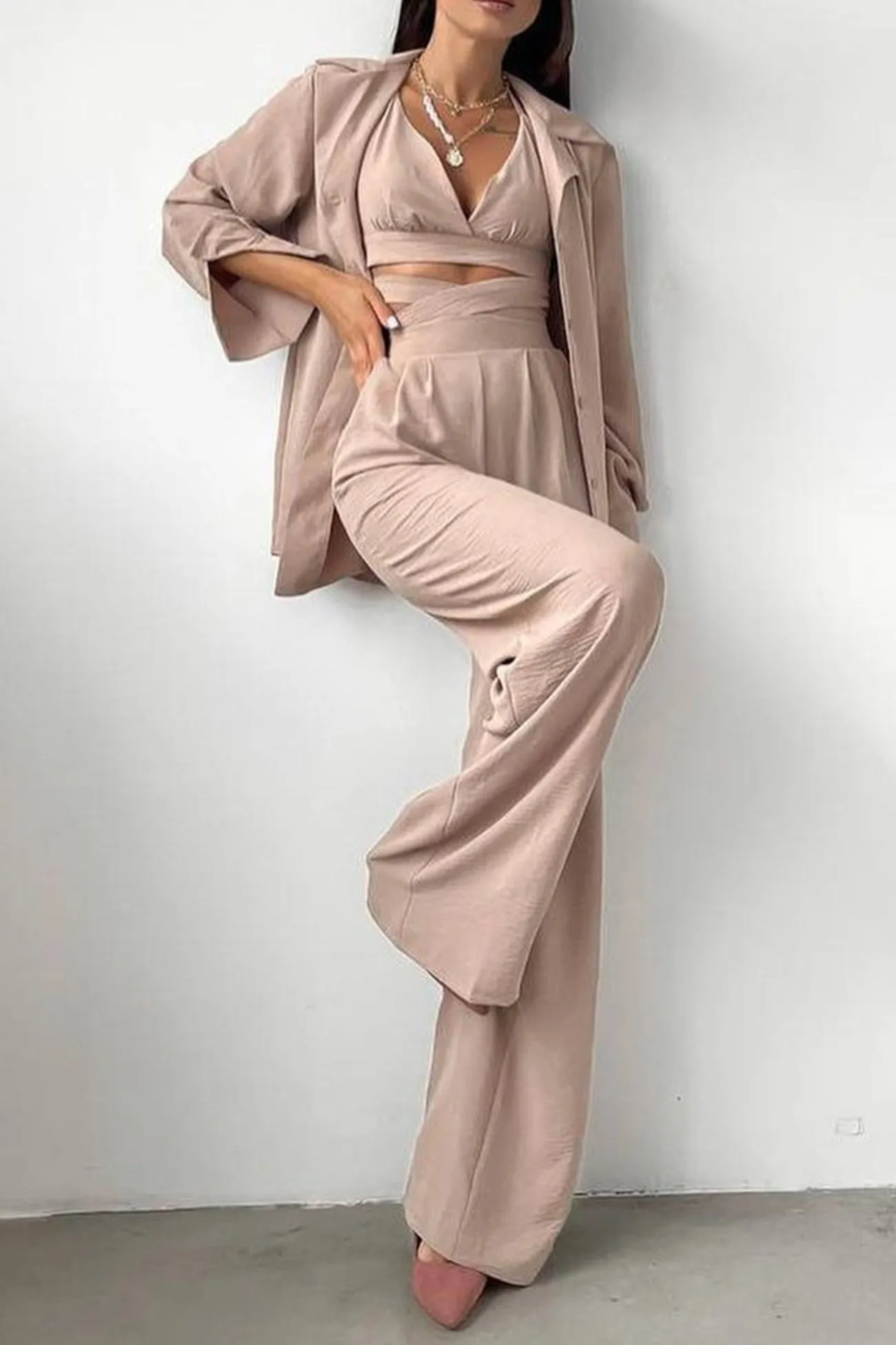 Solid Color Lapel Shirt Tie-up Vest Long Pants Suits