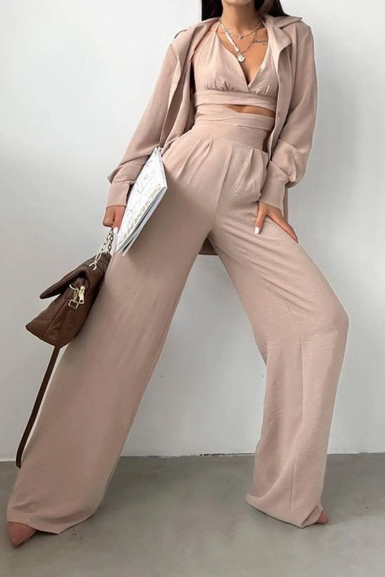 Solid Color Lapel Shirt Tie-up Vest Long Pants Suits