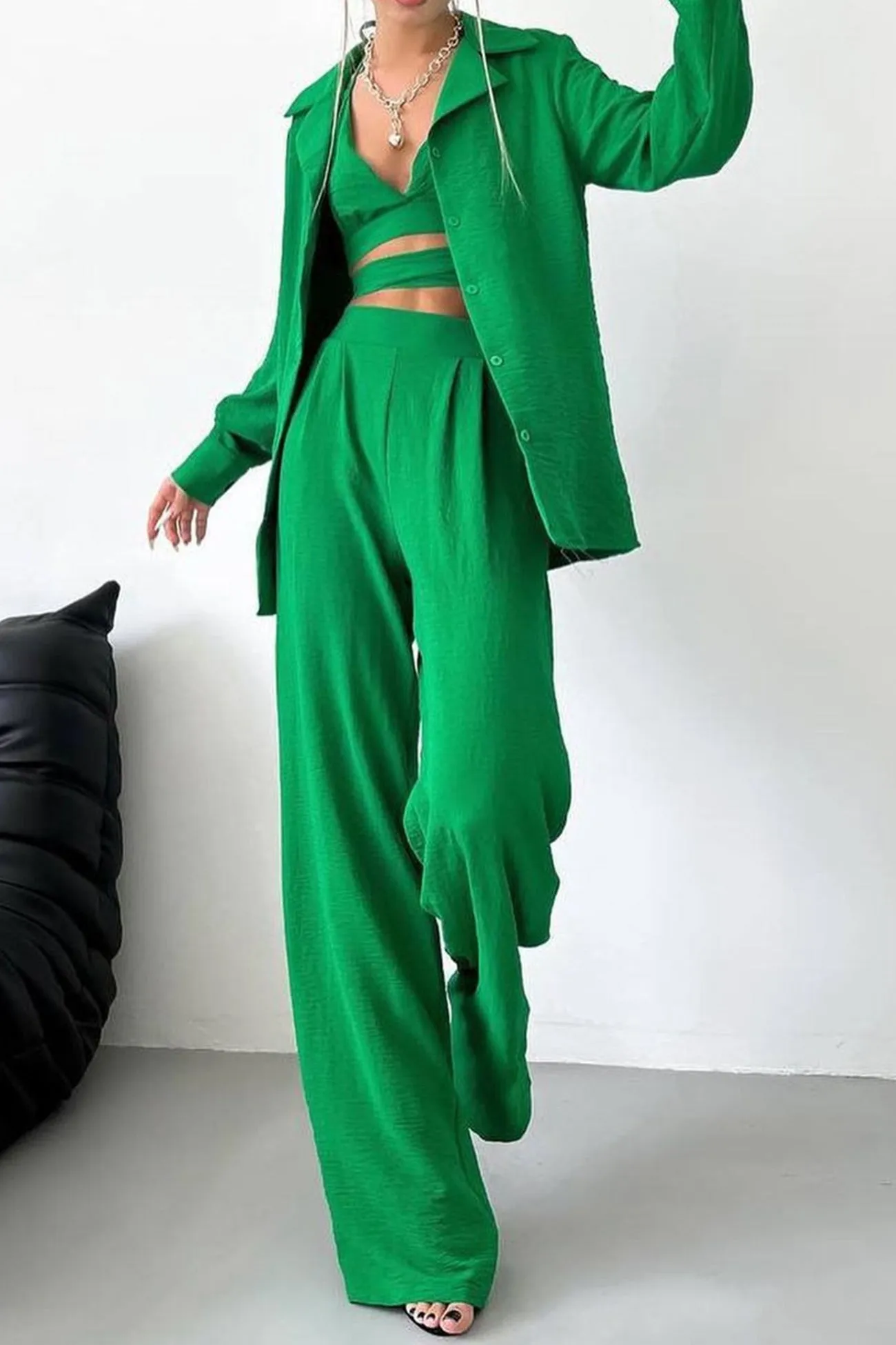 Solid Color Lapel Shirt Tie-up Vest Long Pants Suits