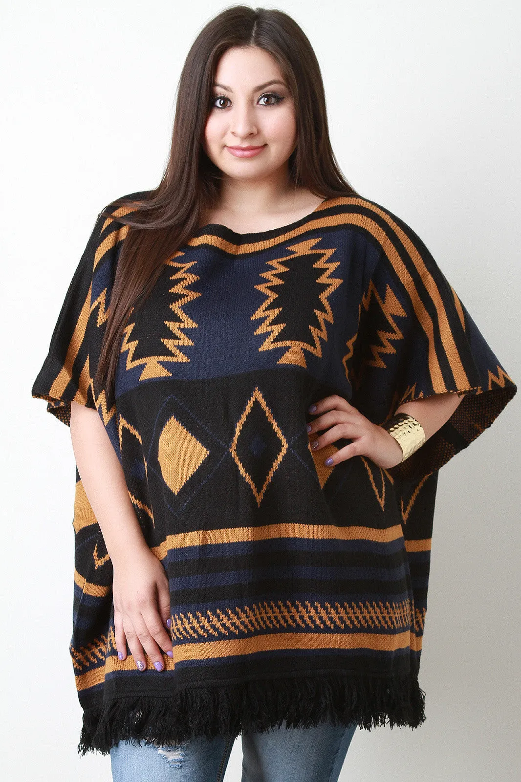 Southwestern Frayed Hem Poncho