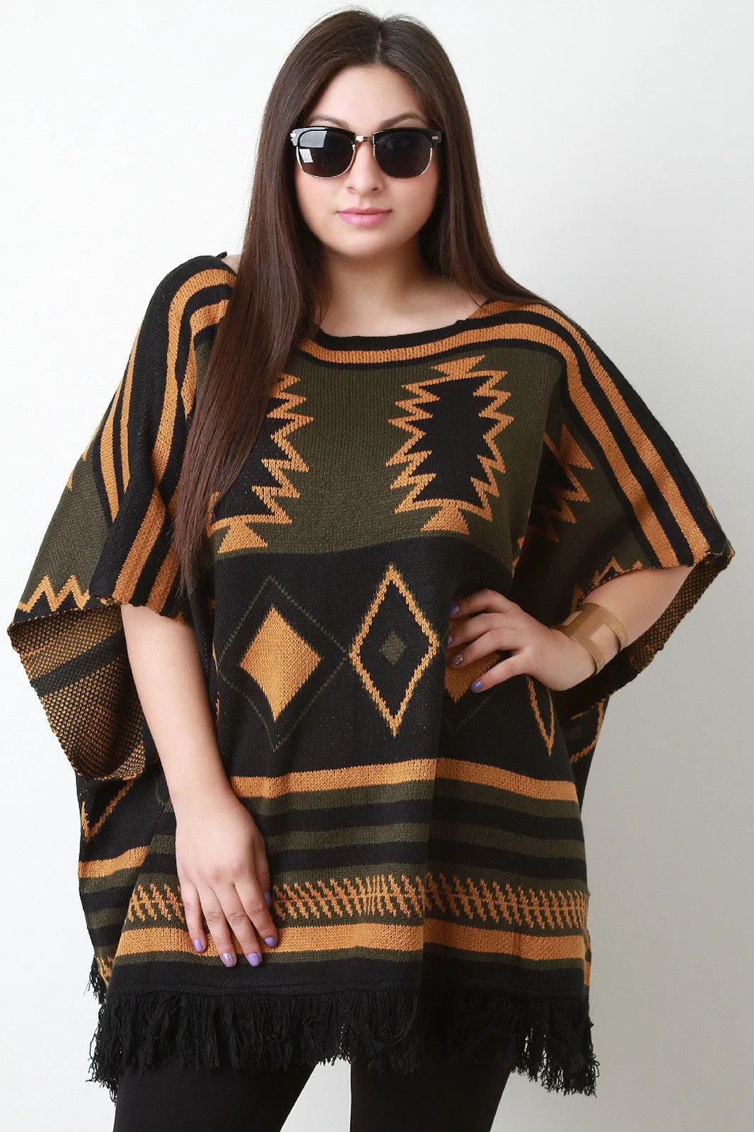 Southwestern Frayed Hem Poncho