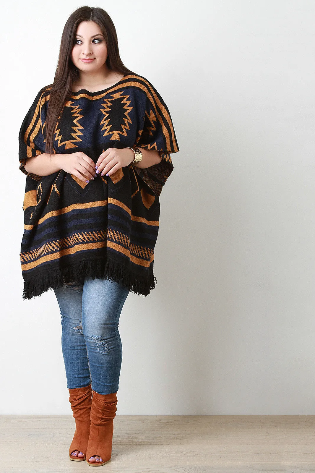 Southwestern Frayed Hem Poncho