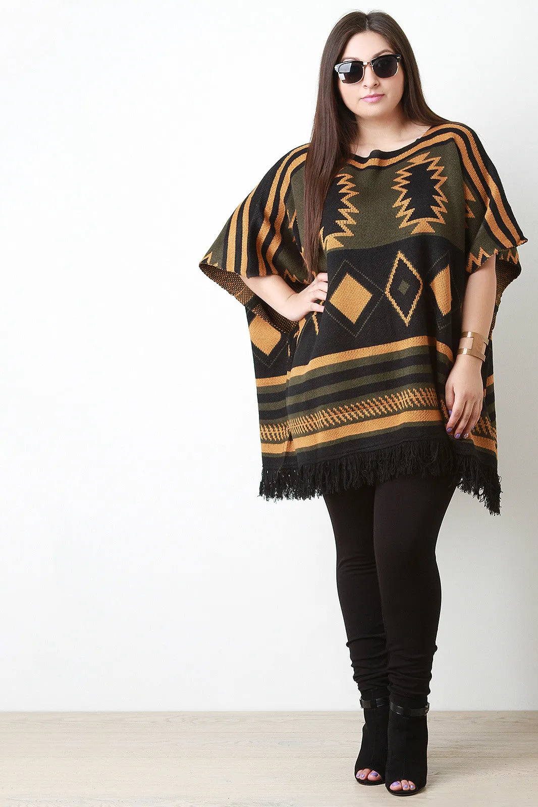 Southwestern Frayed Hem Poncho