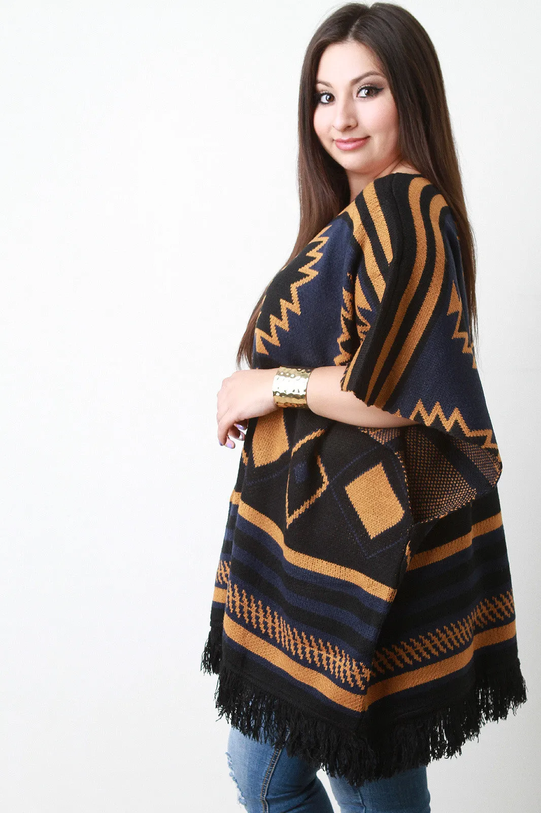 Southwestern Frayed Hem Poncho