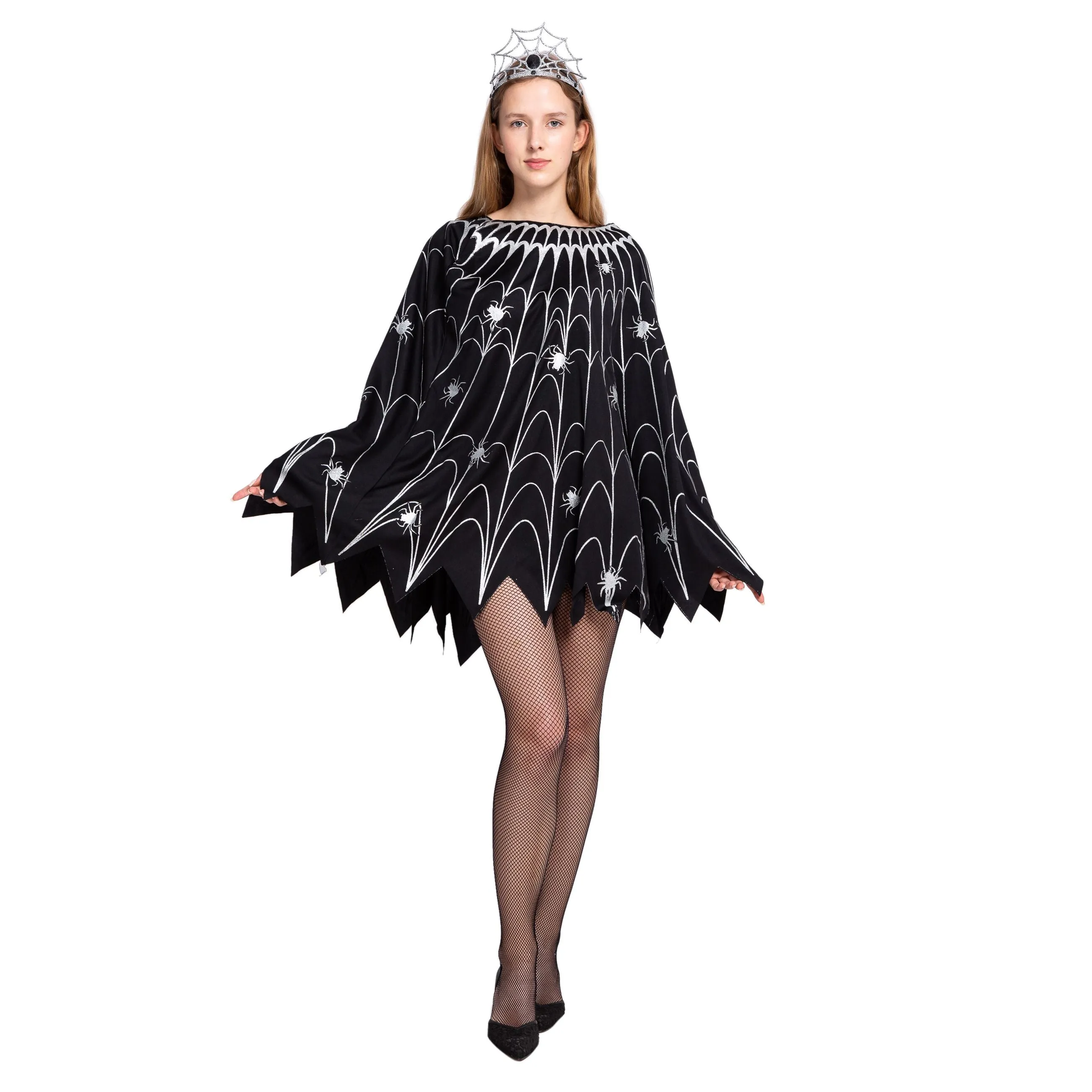 Spider Web Dress Poncho Costumes with Glow Effect and Crown for Women Cosplay- Adult