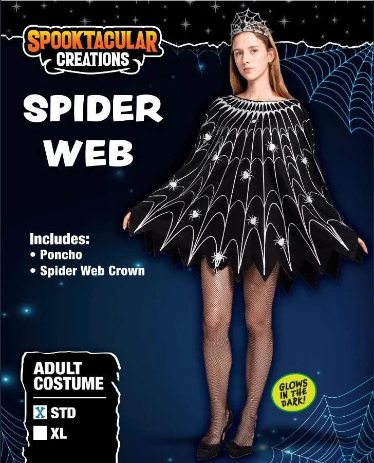 Spider Web Dress Poncho Costumes with Glow Effect and Crown for Women Cosplay- Adult