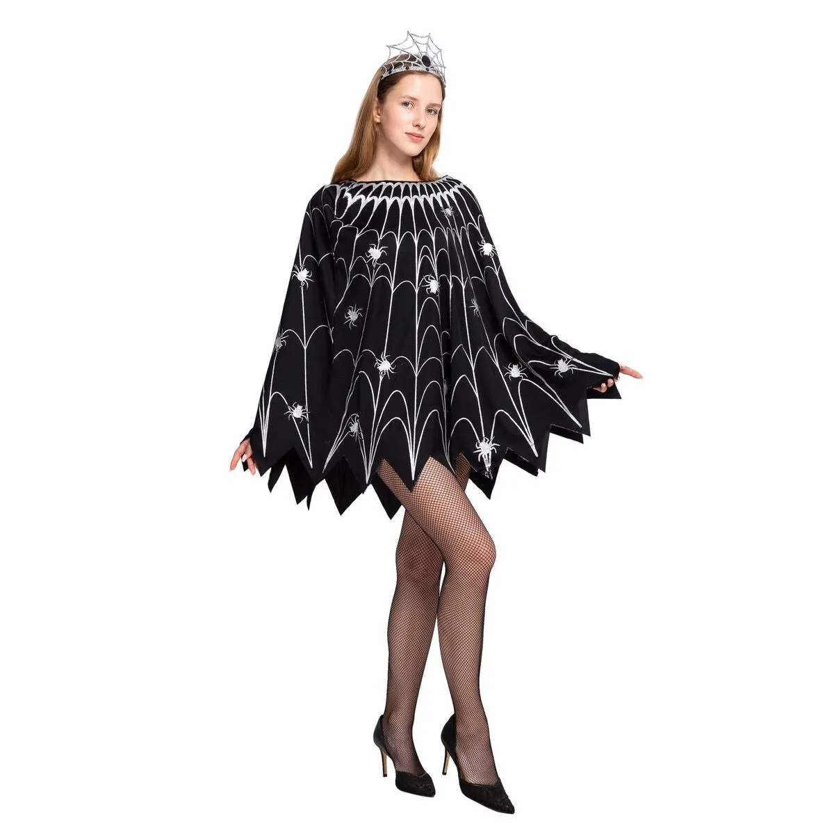 Spider Web Dress Poncho Costumes with Glow Effect and Crown for Women Cosplay- Adult