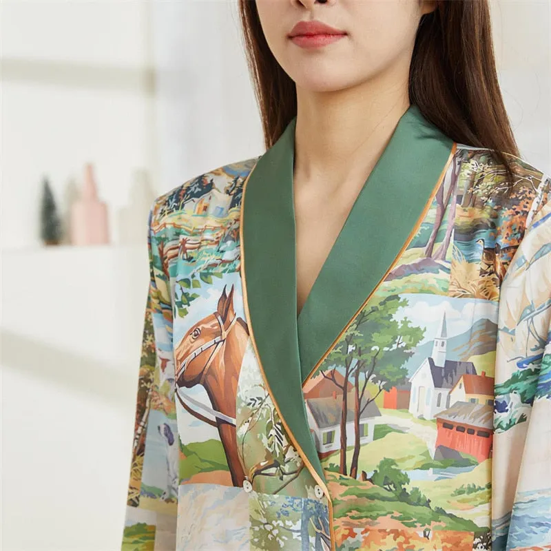 Spring Summer Women's Imitation Silk Luxury Pajamas Satin Long Sleeve Comfortable Cardigan Fashion Printed Home Clothes